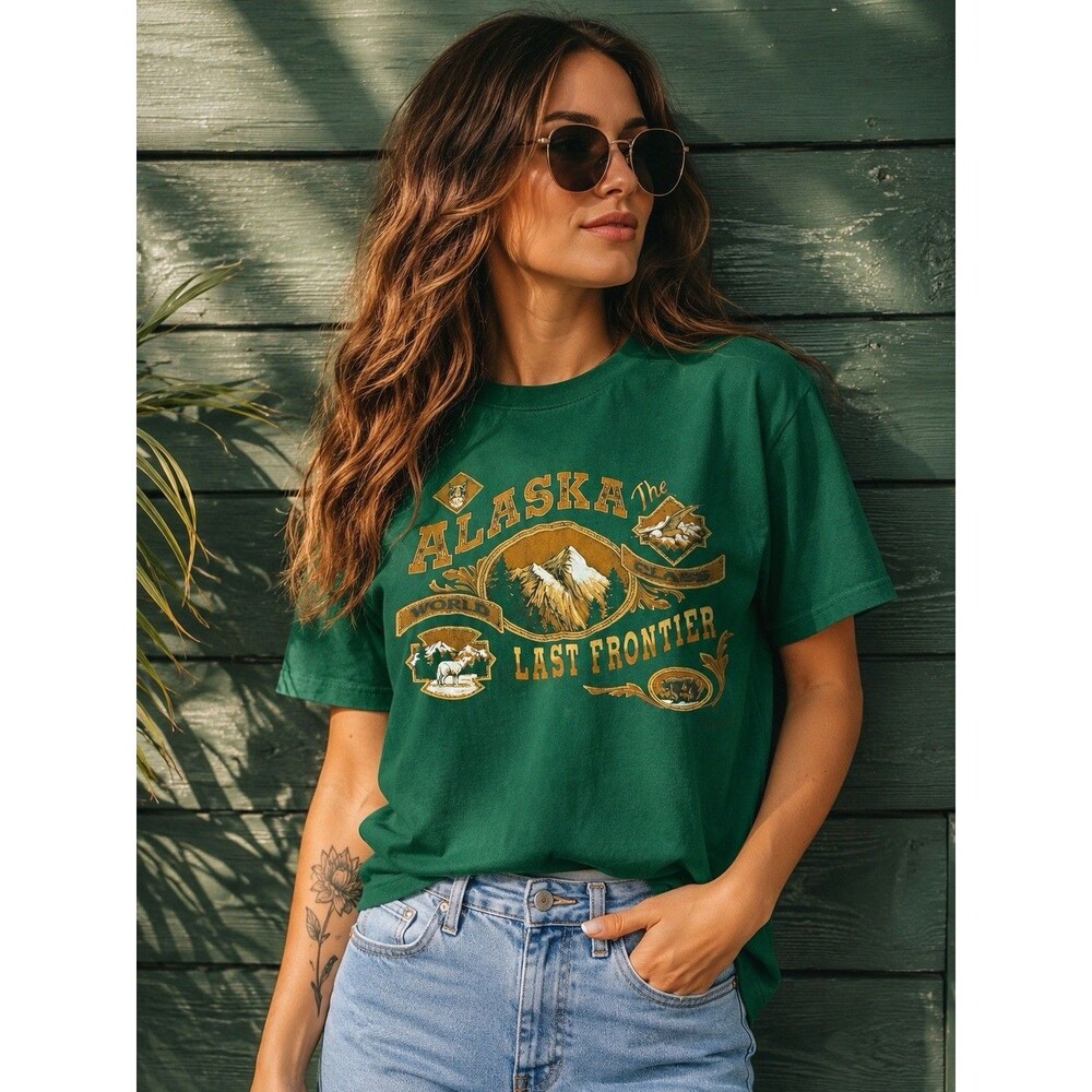 Vintage Single Stitch Alaska The Last Frontier Green Graphic T-Shirt Size Large